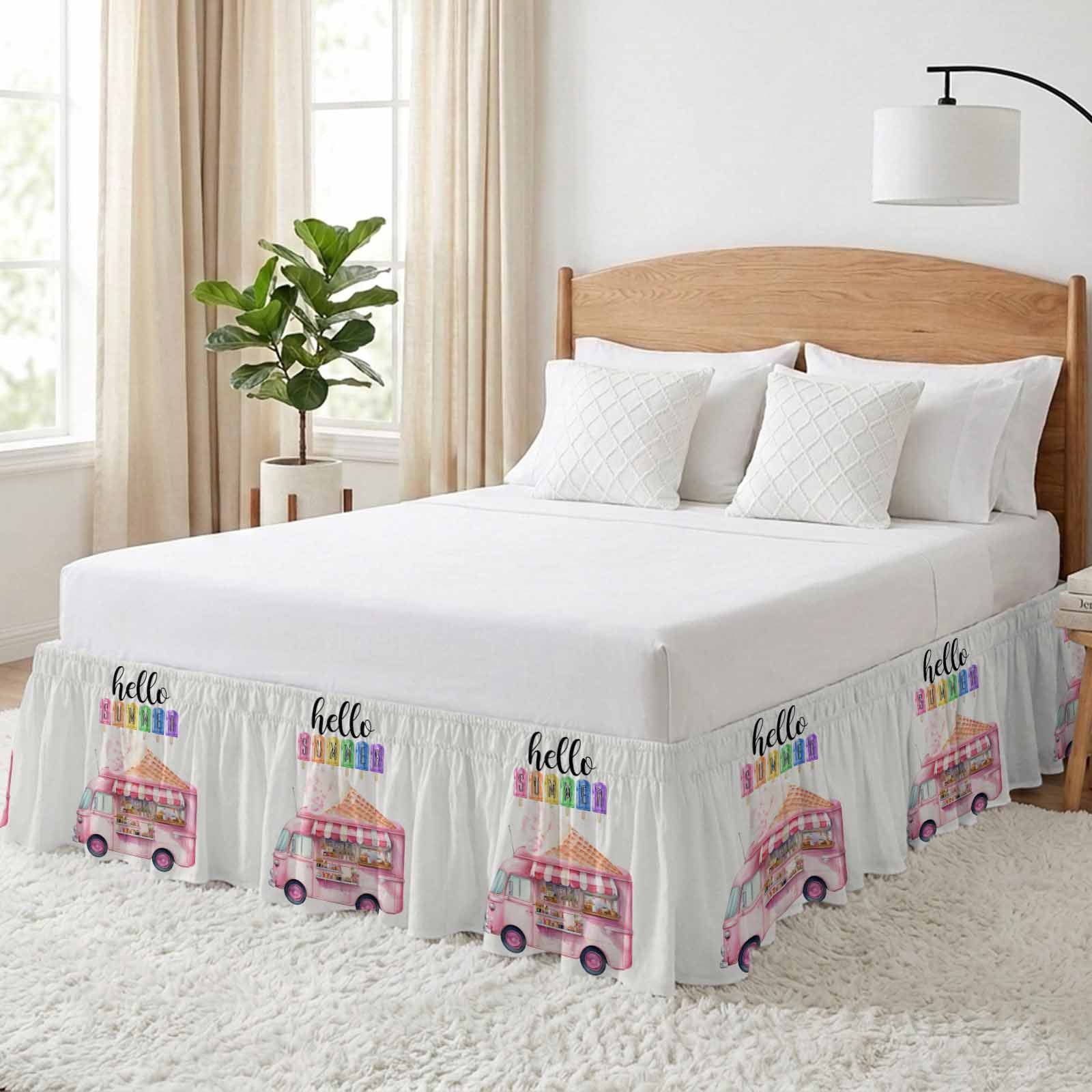 Hello Summer Bed Skirt Queen Size, Pink Ice Cream Truck Watercolor Wrap Around Bed Skirting with Adjustable Elastic Strap, Dust Ruffle Pleated Bedskirts 16 Inch Drop for Bedroom Queen Beds