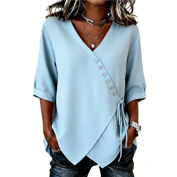 Tops for Women 3/4 Sleeve V Neck Women Fashionable Casual Solid Color Imitation Linen Blouse