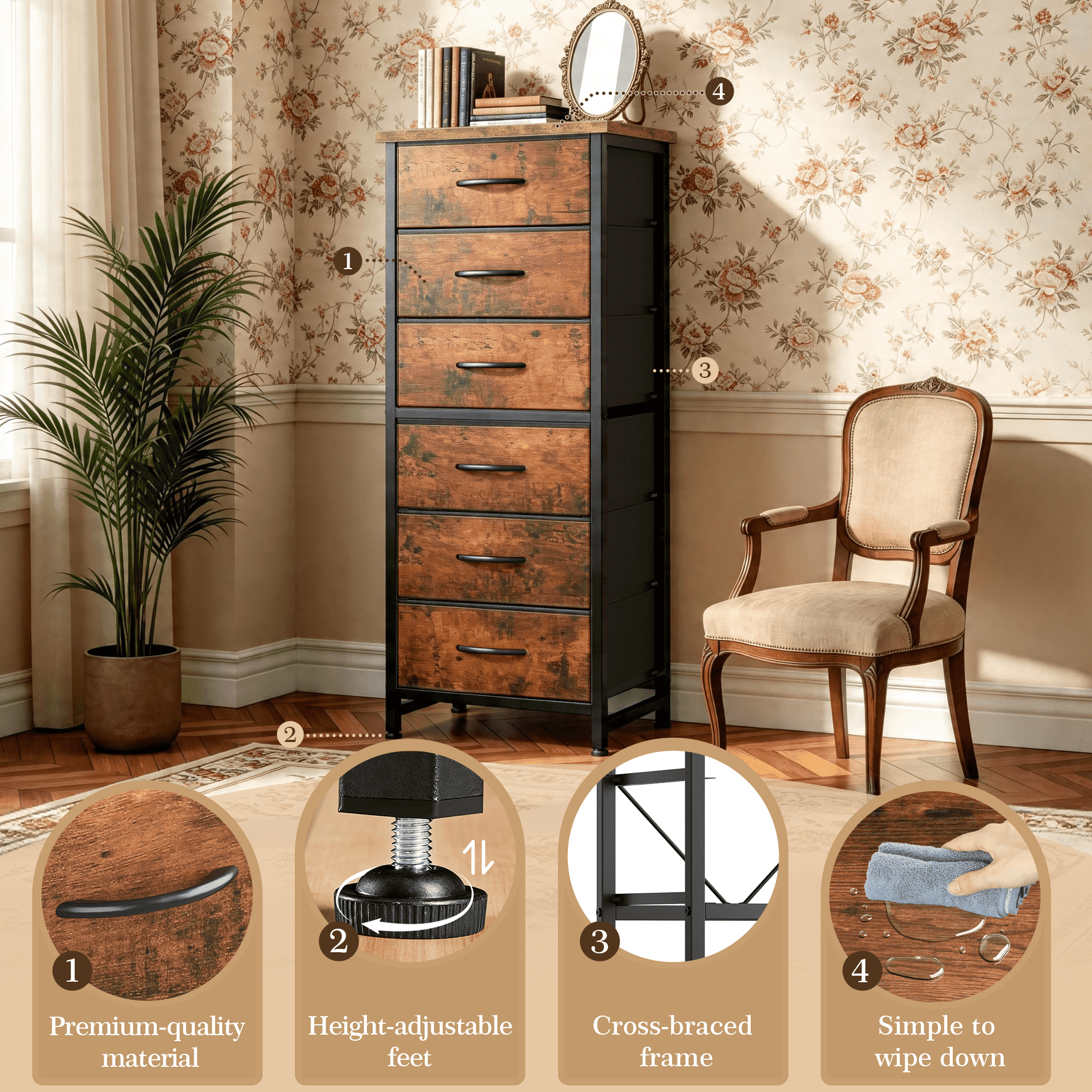 CONCETTA Tall Storage Dresser with 6 Fabric Drawers, Metal Frame with Cross Support Rods, Anti-Tip, Wood Top for Bedrooms, Offices and Compact Spaces, Rust