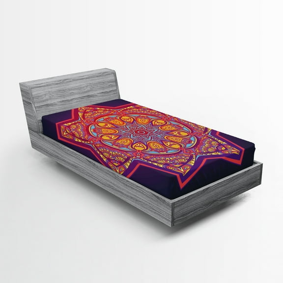 Ambesonne Leaf Fitted Sheet, Geometric Tibetan Mandala, Twin XL Size, Multicolor