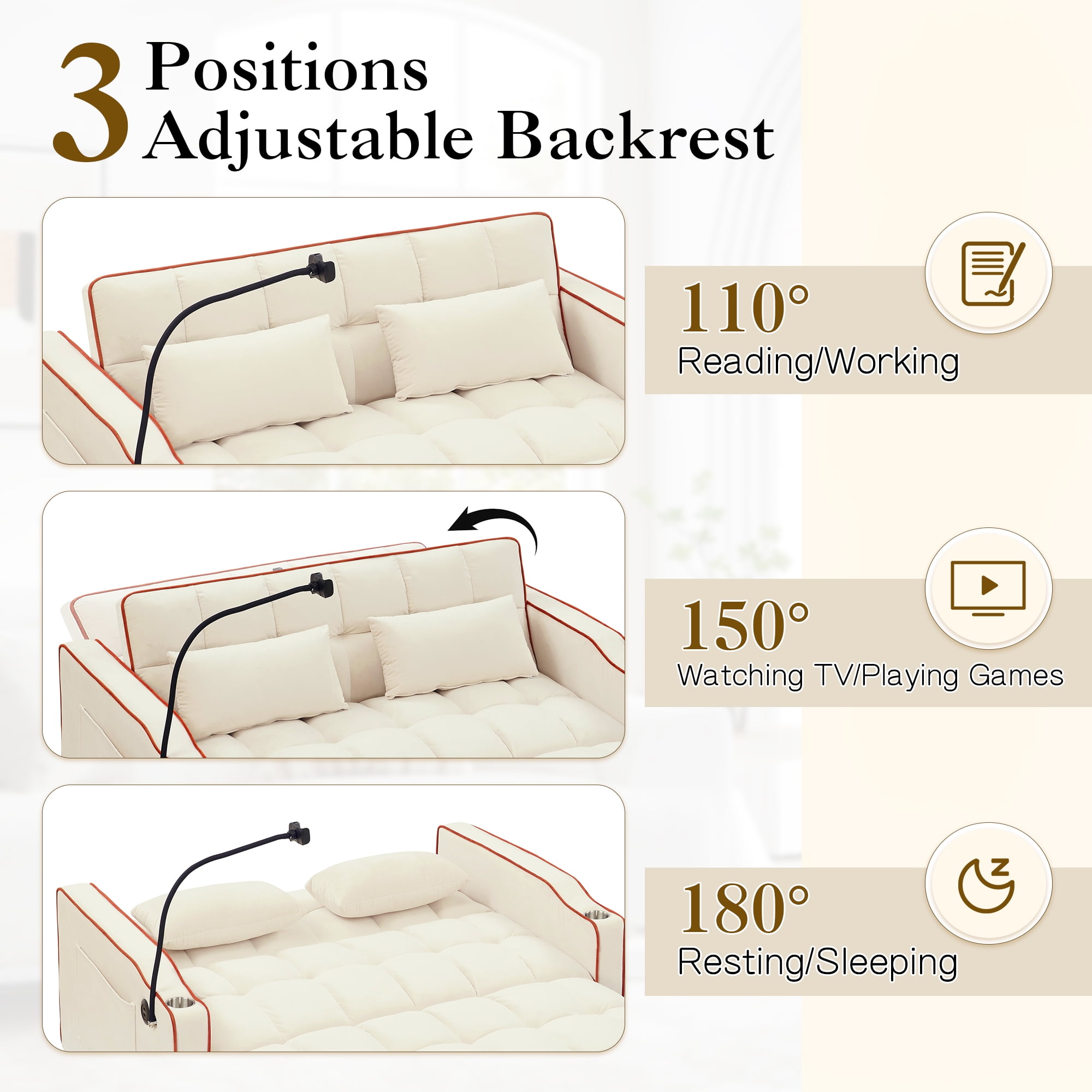 Dinosisco 3-in-1 Convertible Futon Sofa Bed, Loveseat Sleeper with Phone Stand, USB, Beige Velvet