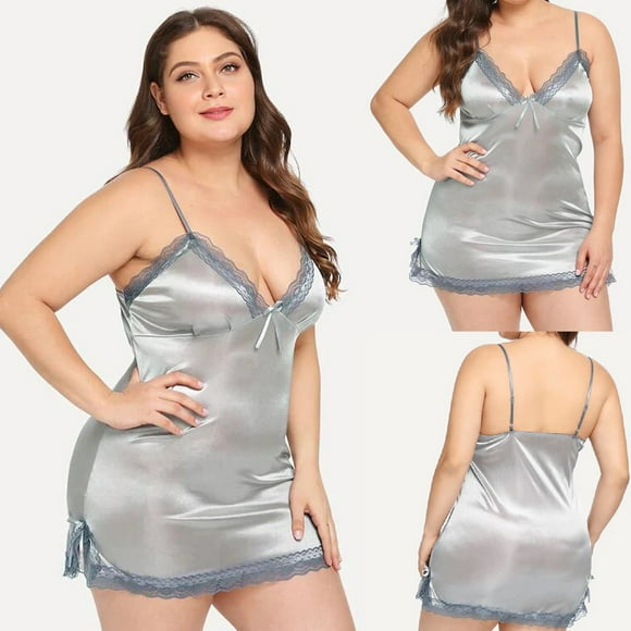 Intimates Women Sexy Plus Size Contrast Lace Slips With Thong Nightdress Bowknot Lingerie XXL
