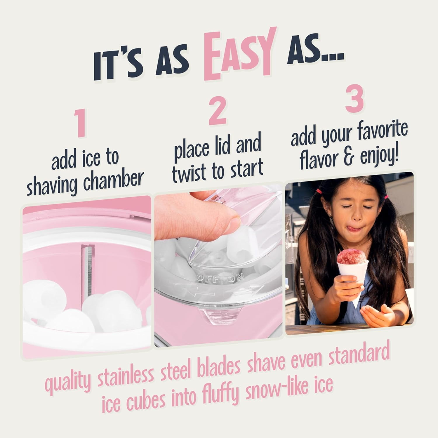 Retro Snow Cone Maker – Countertop 5-qt Shaved Ice  – Stainless Steel Blades – Includes 2 Reusable Cups, Ice Scoop, & Side Shelf – Pink