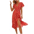thumbnail image 5 of Rigardu Short Casual A-Line Women's Dress Sleeve Floral Print V-Neck Printed Women's Dress Red + XXL, 5 of 9