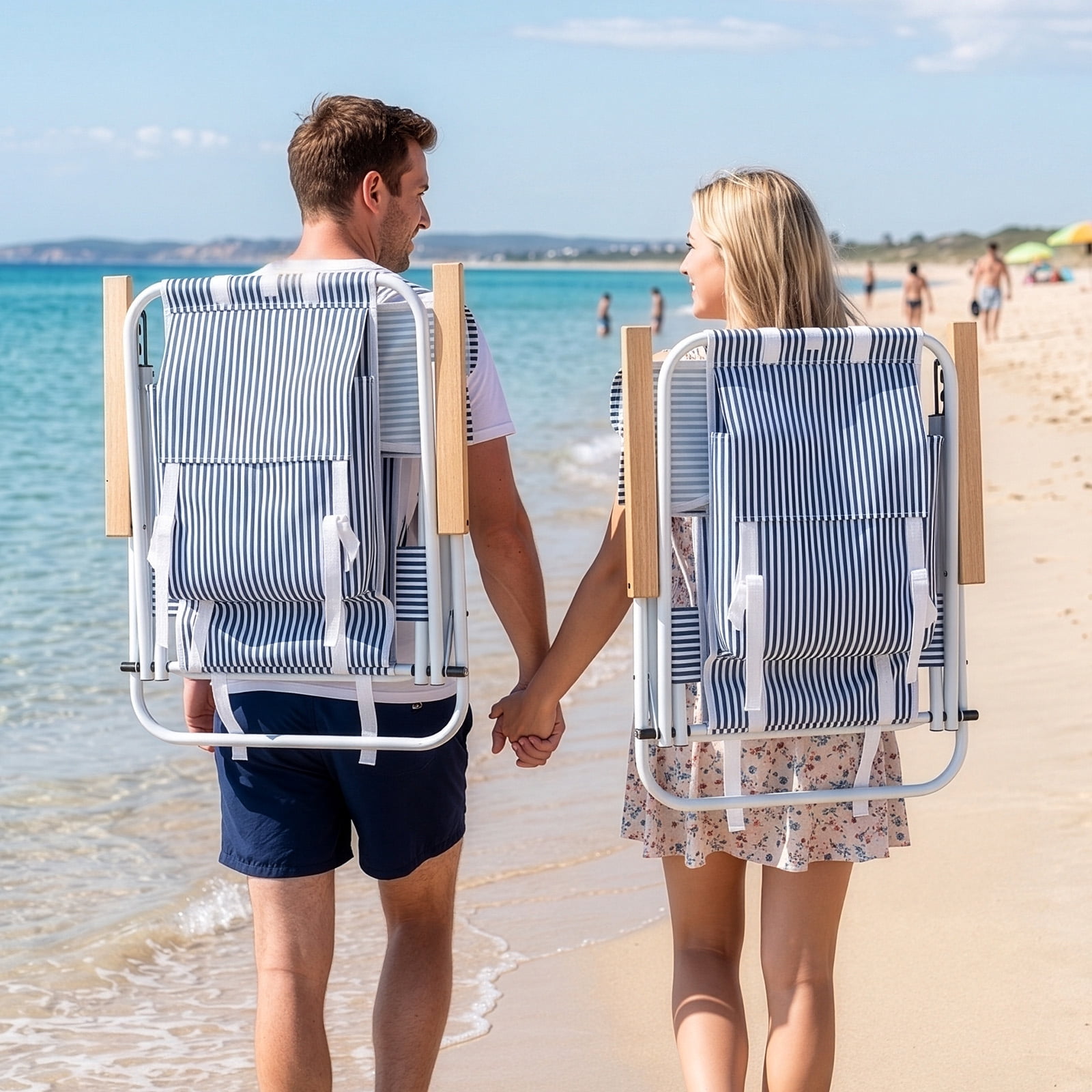 4-Position Adjustable Backpack Beach Chair, Foldable Rustproof Aluminum Frame Lounge Chair with Wooden Armrest, Side Storage Pockets & Detachable Pillow, 24"x22"x37"