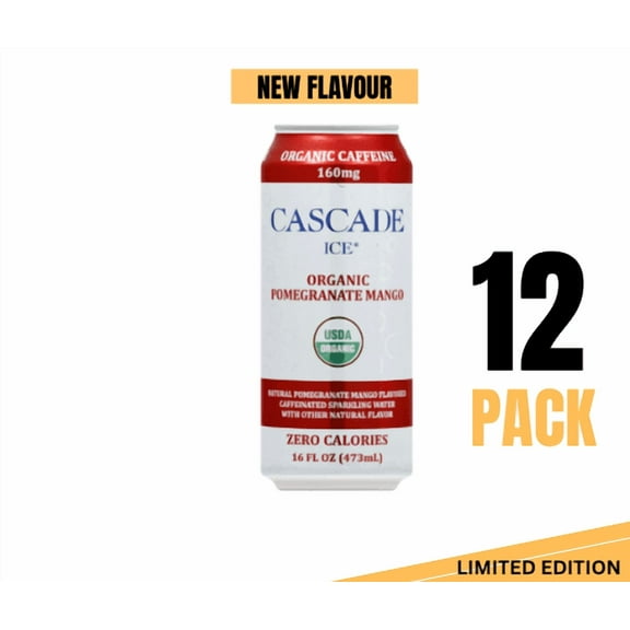 Cascade Ice Organic Sparkling Water, Pomegranate Mango, Caffeinated, 16 fl oz Cans, Pack of 12