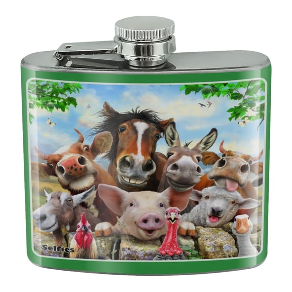 Farm Selfie Horse Pig Chicken Donkey Cow Sheep Stainless Steel 5oz Hip Drink Kidney Flask