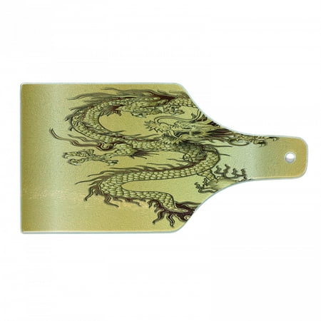 

Dragon Cutting Board Chinese Snake Dragon Theme Background Eastern Oriental Abstract Art Graphic Tempered Glass Cutting and Serving Board Wine Bottle Shape Mustard and Black by Ambesonne