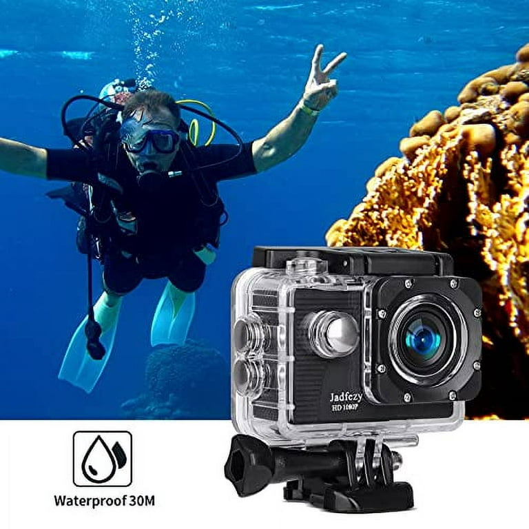 Jadfezy Action Camera FHD 1080P 12MP, 98FT/30M Underwater Waterproof Camera  with 2 Batteries, Wide Angle Sports Camera with Accessories Kit Suitable