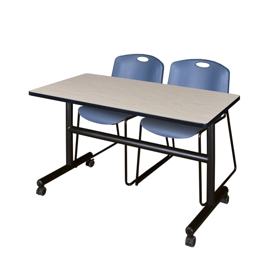 Regency Kobe 48 x 30 in. Flip-Top Training Nesting Table- Maple, 2 Zeng Stack Chairs- Blue