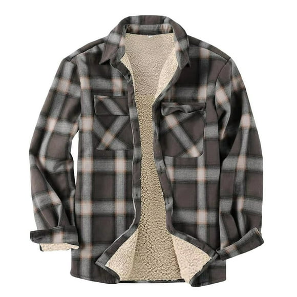 Mens Sherpa Fleece Lined Plaid Flannel Shirts Jackets Casual Thermal Button Up Jackets Winter Warm Work Coat Outwear