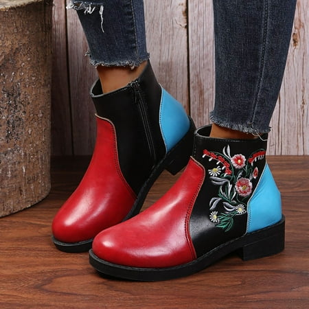 

VEKDONE Christmas Deals Women s Chelsea Shoes Platform Ankle Boots Round Head Retro Ethnic Stitching Embroidered Thick Heel Short Combat Boots