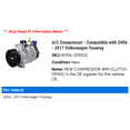 thumbnail image 2 of A/C Compressor - Compatible with 2006 - 2017 Volkswagen Touareg 2007 2008 2009 2010 2011 2012 2013 2014 2015 2016, 2 of 2