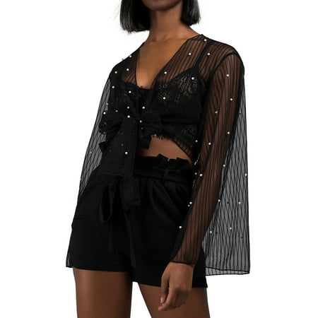 Mesh Kimono - AKIRA Women's Pearl Embellished See Through Sheer Mesh Bell Sleeve Kimono Tie Front Blouse Top