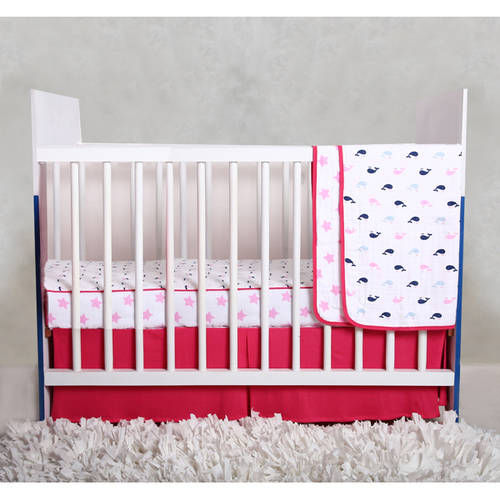 Bacati Nautical Whales/Boats/Stars Girls Pink/Navy 100 Percent Cotton Breathable Muslin 3pc Crib Set with 4 Layer Lux Breathable Muslin Blanket Crib Fitted Sheet and Crib Skirt For US Standard Cribs