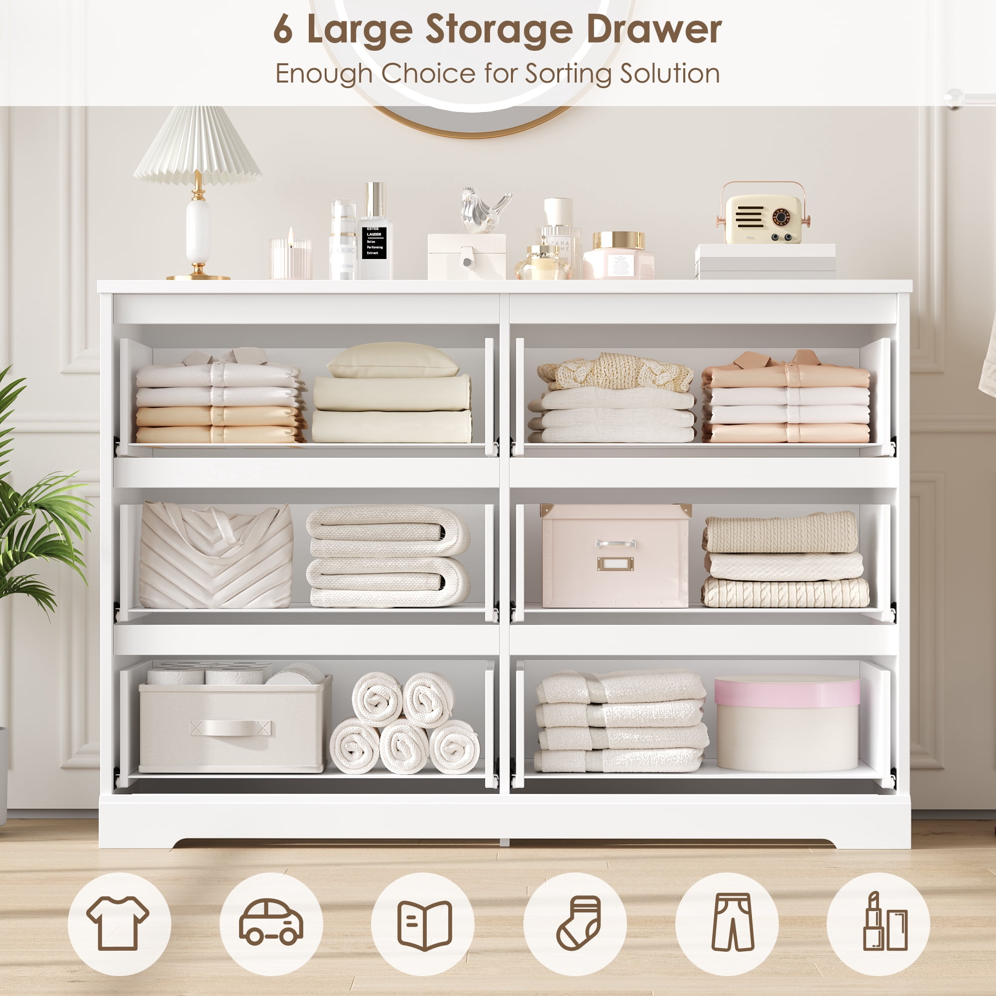 Homfa 6 Drawer Double Dresser, 47.2'' Wood Storage Side Cabinet Chest of Drawer for Bedroom Living Room, White