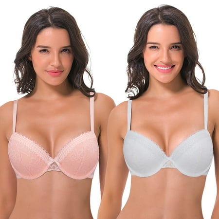 Curve Muse Womens Plus Size Lightly Padded Balconette Lace Underwire Bra-2Pack-WHITE PINK-44DD