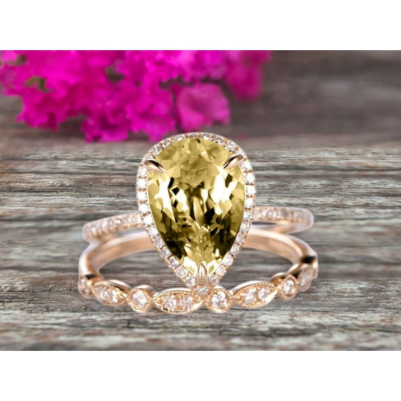 2Pcs Milgrain 8x5mm Pear Shape 2.25 Carat Wedding Ring Set Champagne Diamond Moissanite Engagement Ring Diamond Matching Band 10k Yellow Gold Anniversary Gift