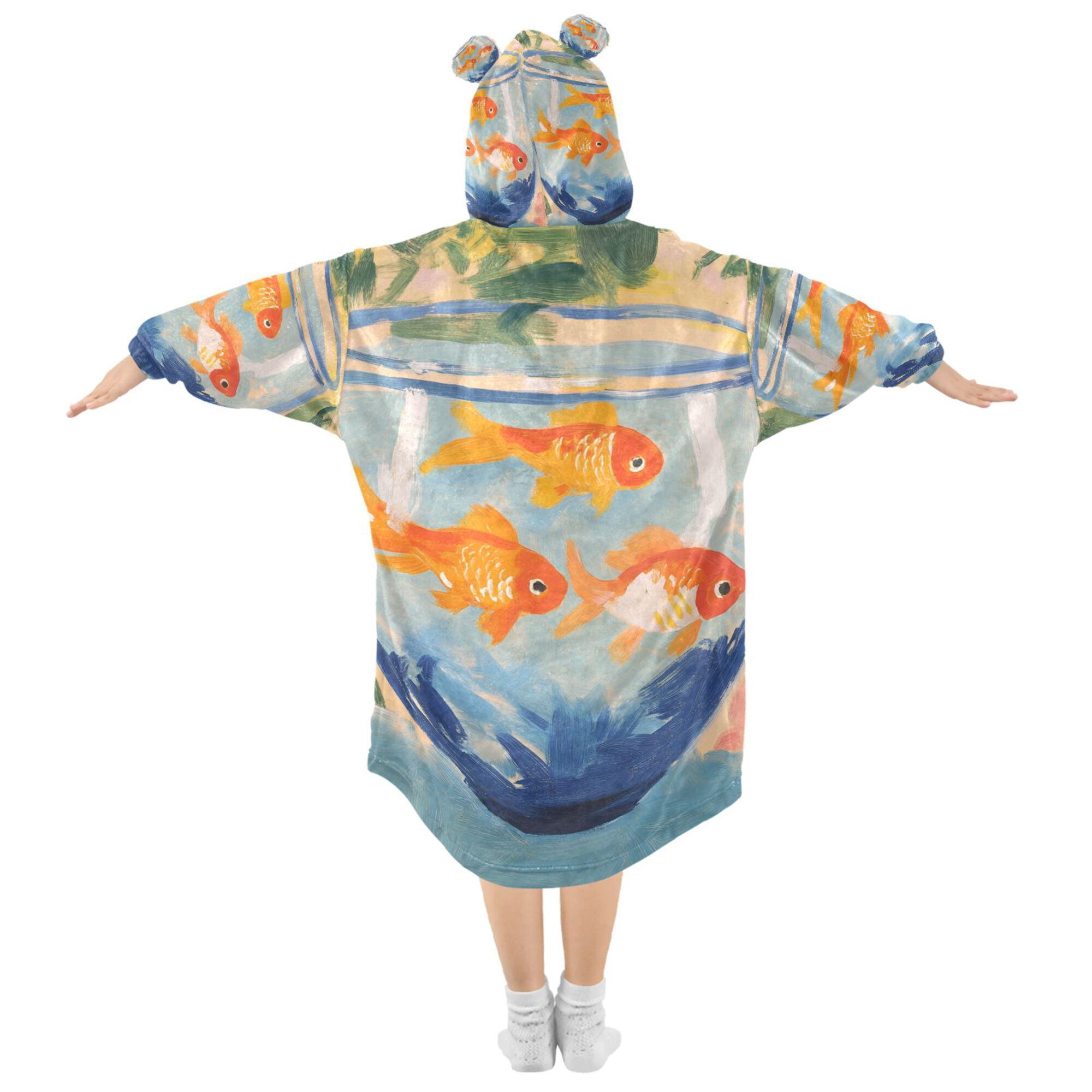 FORMRS Wearable Blanket Hoodie with Sleeves for Kids Cozy Flannel Sweatshirt, Blue Goldfish Bowl