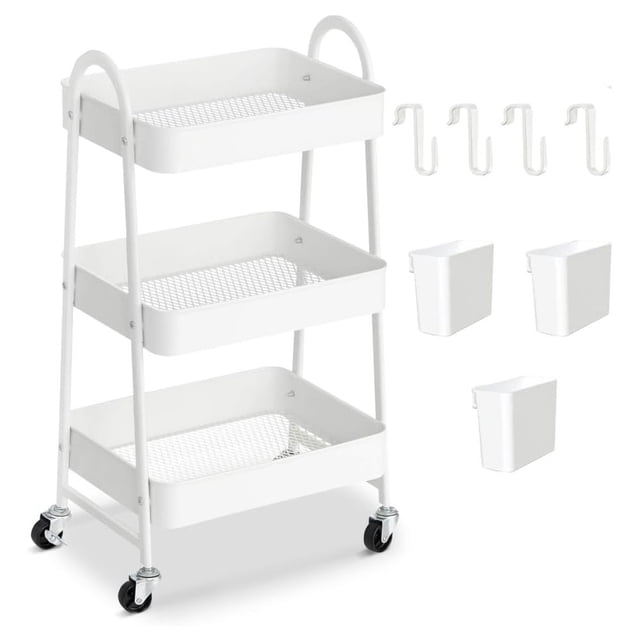 Carrito de Almacenamiento de Metal, 3 Niveles de Almacenaje, Carrito Organizador con 4 Ganchos y 3 Cestas Colgantes para Oficina, Baño, Salón Cocina