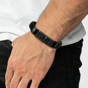 U7 Punk Men Boy Bracelet Genuine Leather Cross Skull Black Bracelet Adjutable Stainless Steel Wristband for Father's Day Gift,19cm/7.5 Inch