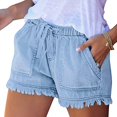 thumbnail image 5 of Women ‘s Washed Denim Shorts Casual Drawstring Elastic Waist Frayed Hem Loose Short Jeans, 5 of 5