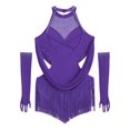 thumbnail image 5 of iixpin Girls Sleeveless Mesh Drapes Tassels Bodysuit for Samba Rumba Latin Rhinestones Dance Dress with Gloves Purple 8, 5 of 6