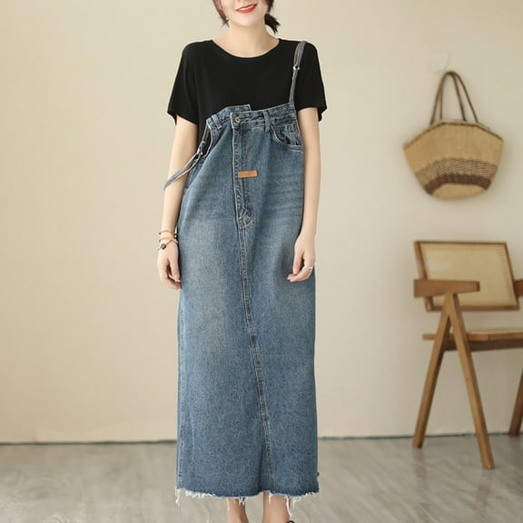 Xunlbb Holiday Dresses for Women 2025 Women's Casual Denim Dress Fashion Leisure Retro Loose Strap Dress Size M-2XL