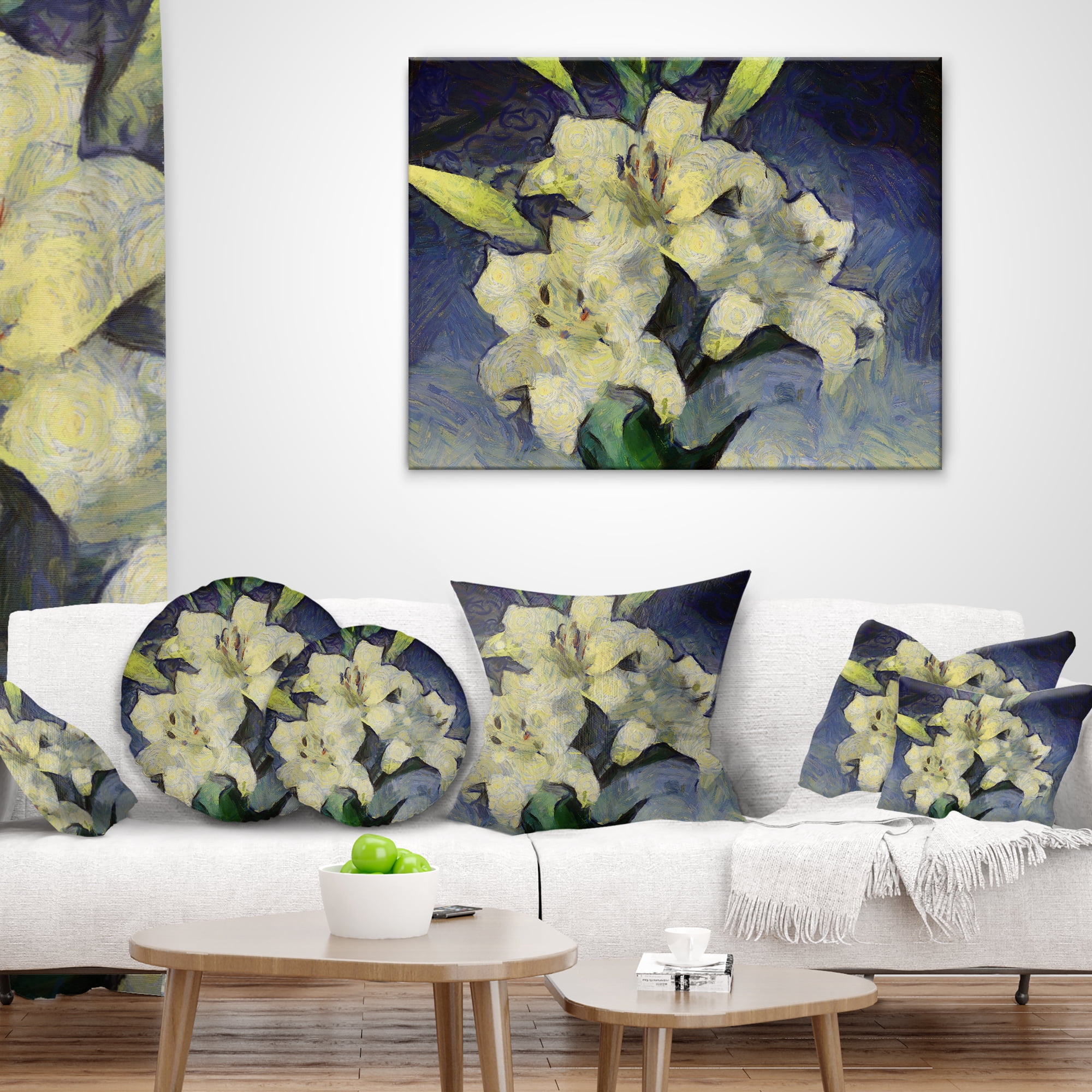 Designart White Lilies on Blue Watercolor - Floral Throw Pillow - 16x16