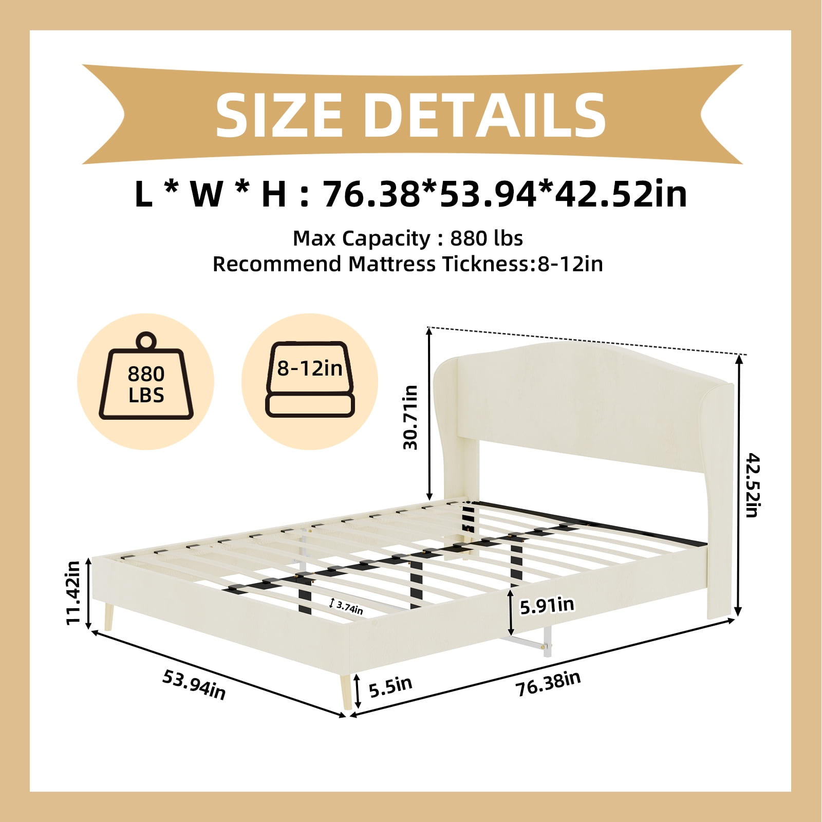 Alvantor Full Size Upholstered Bed Frame with Padded Headboard, Holland Velvet Tufted Noise-Free & Durable Beige