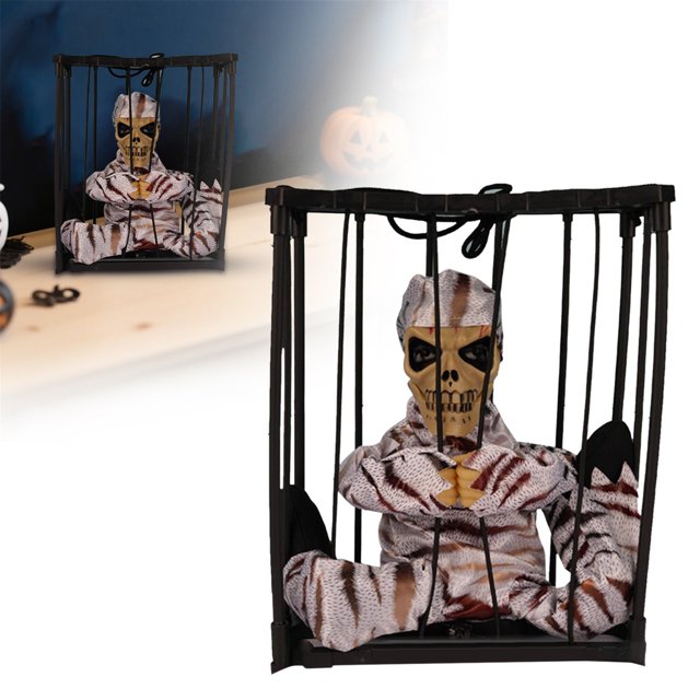 WHEANG Animated Skeleton Prisoner Halloween Prop Hanging Cage With Sound Light Up And Motion Sensor For Indoor/Outdoor Scary Decor (Batteries Not Included)