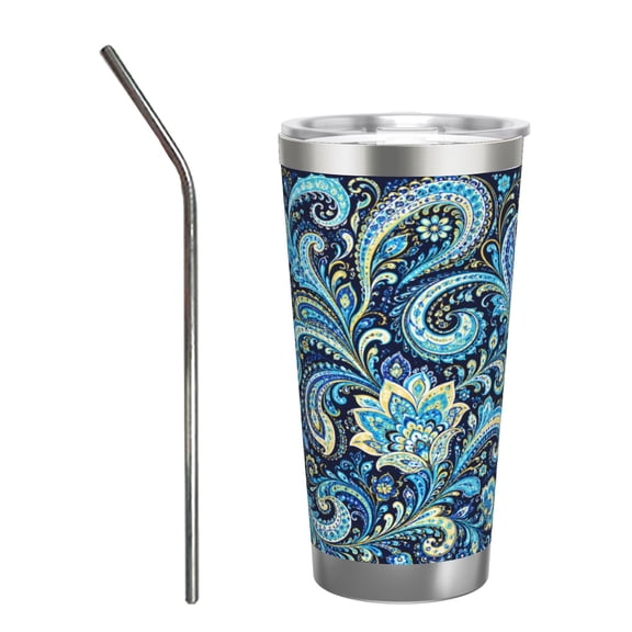 20oz Blue Gold Paisley Floral Insulated Tumbler with Handle and Straw Travel Cup Car Cup with Stainless Steel Straw