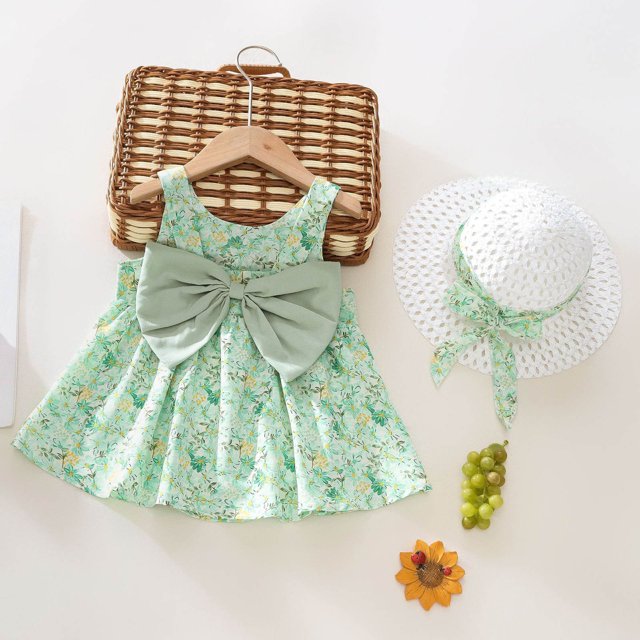 Robe Bébé Fille Sans Manches Robe Tutu Bébé Robe d'Été Bébé Fille avec Chapeaux 2 Pcs Tenues Fillette 12-18 Mois
