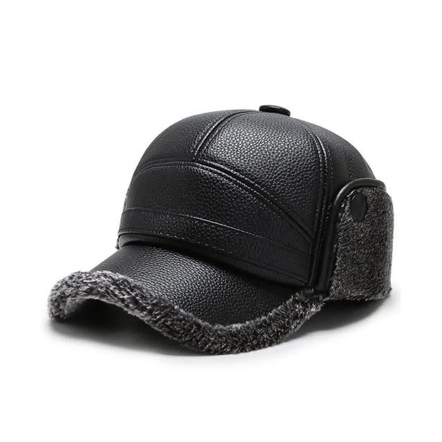 Men's Winter PU Leather Baseball Cap with Earflaps, Thick Warm Windproof Dad Hat