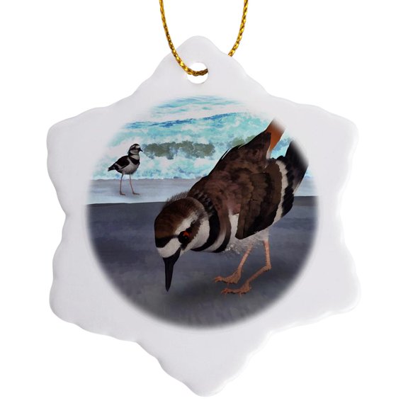 3drose, Killdeer Birds on Beach, 3 inch Snowflake Porcelain Ornament