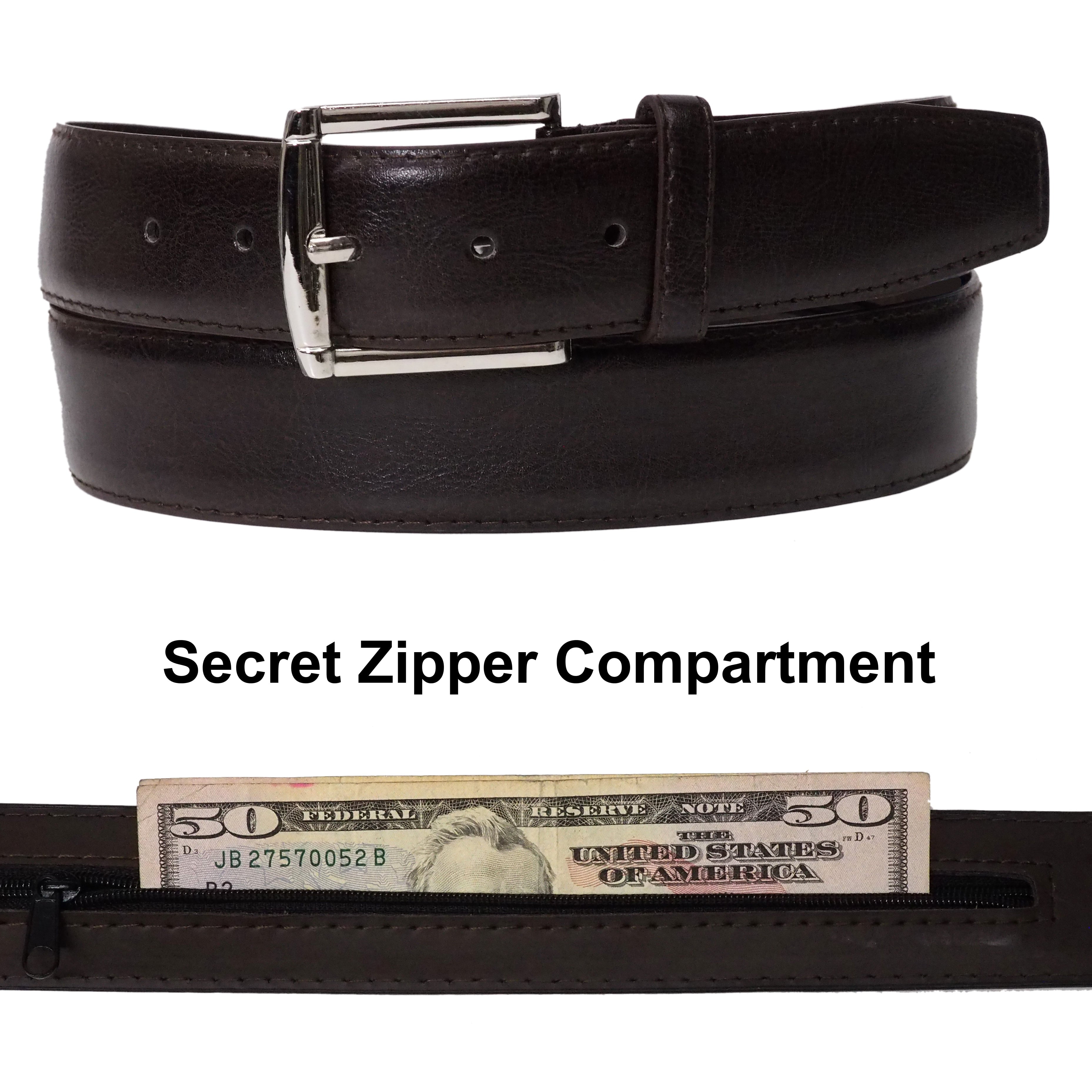1-1/2" Width 17" Zipper. Leather Black Money Belt Size S 