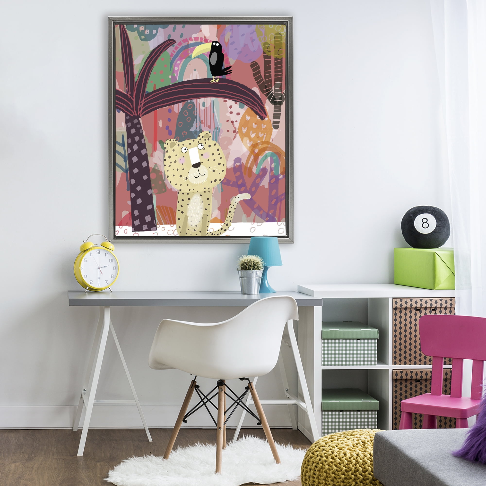 Whimsical Cheetah & Toucan Gray Framed Floater Canvas Wall Art, design by Carla Daly