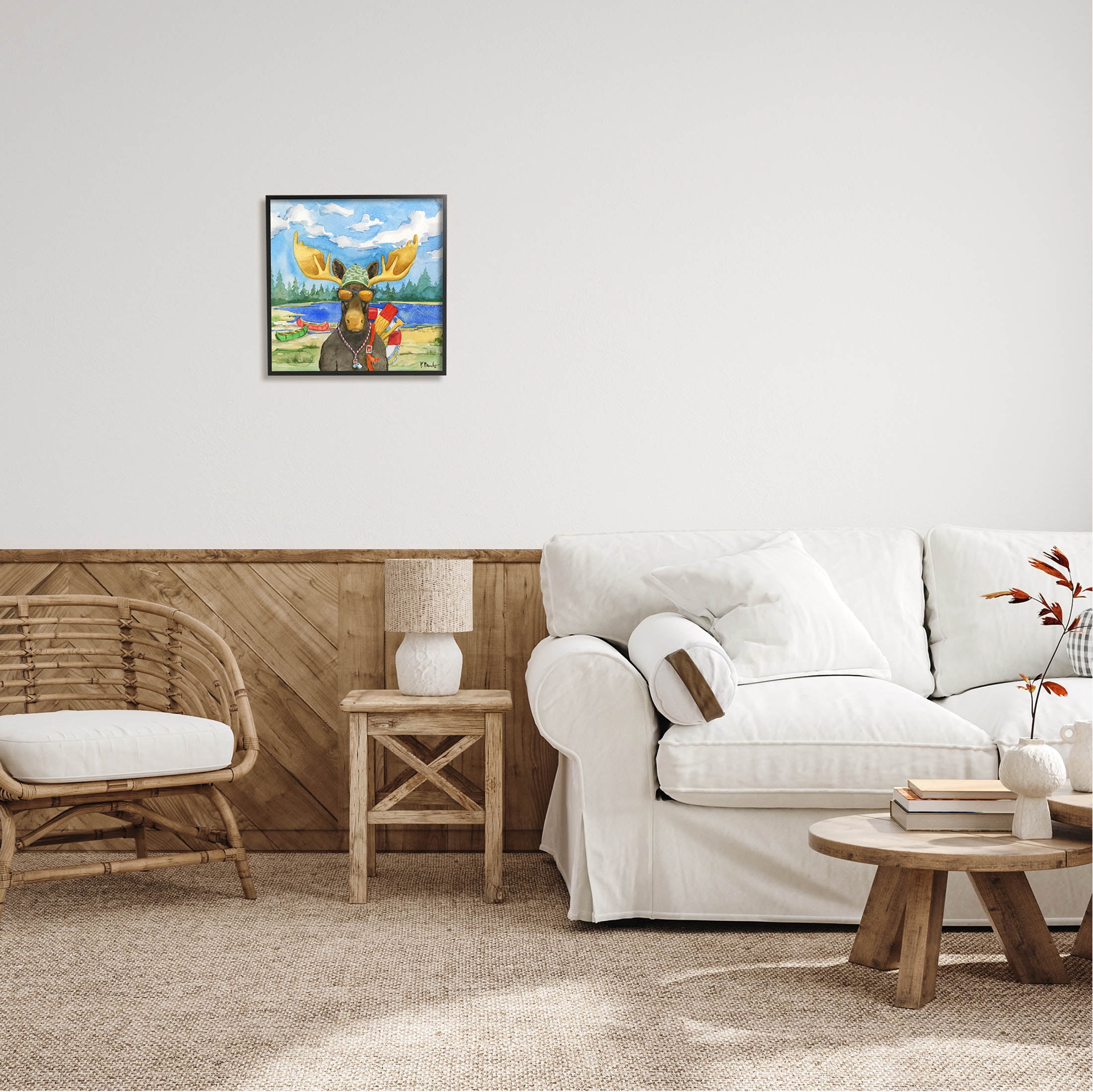 Stupell Industries Happy Camper Life Guard Moose Painting Black Framed Art Print Wall Art, Design by Paul Brent