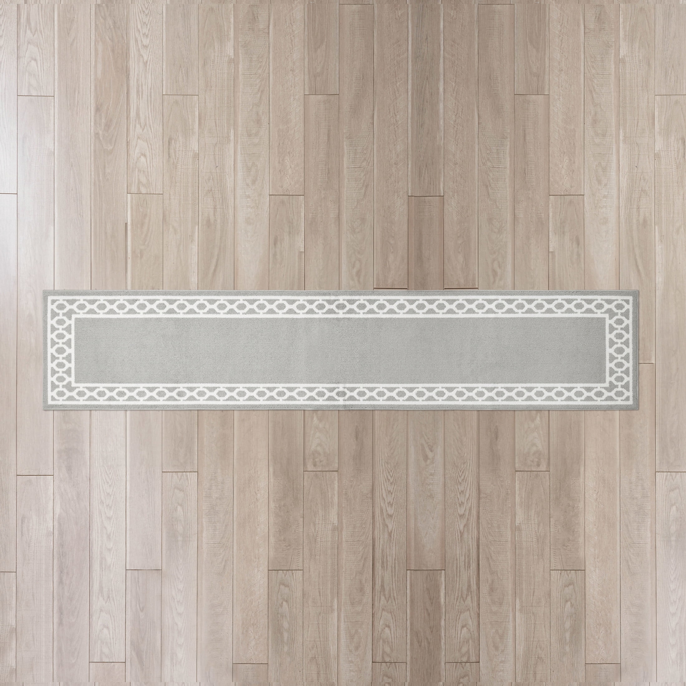 Washable Skid-Resistant Runner Rug, Trellis Border , Light Grey and White , 30 " x 120"