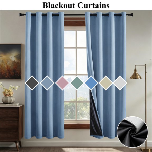 PoyoKee Blackout Curtains for Bedroom, Black Lined Thermal Insulated Drapes for Living Room, 51" x 40" Ring Top Black Out Curtains Room Decor