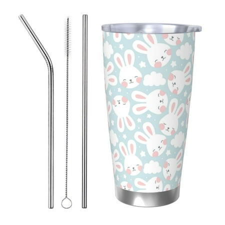 

KLL Rabbit And Star Print 40oz Stainless Steel Insulated Car Cup with Spillproof Lid - Keep Your Drink Hot or Cold on the Go-Straw Three-piece Set