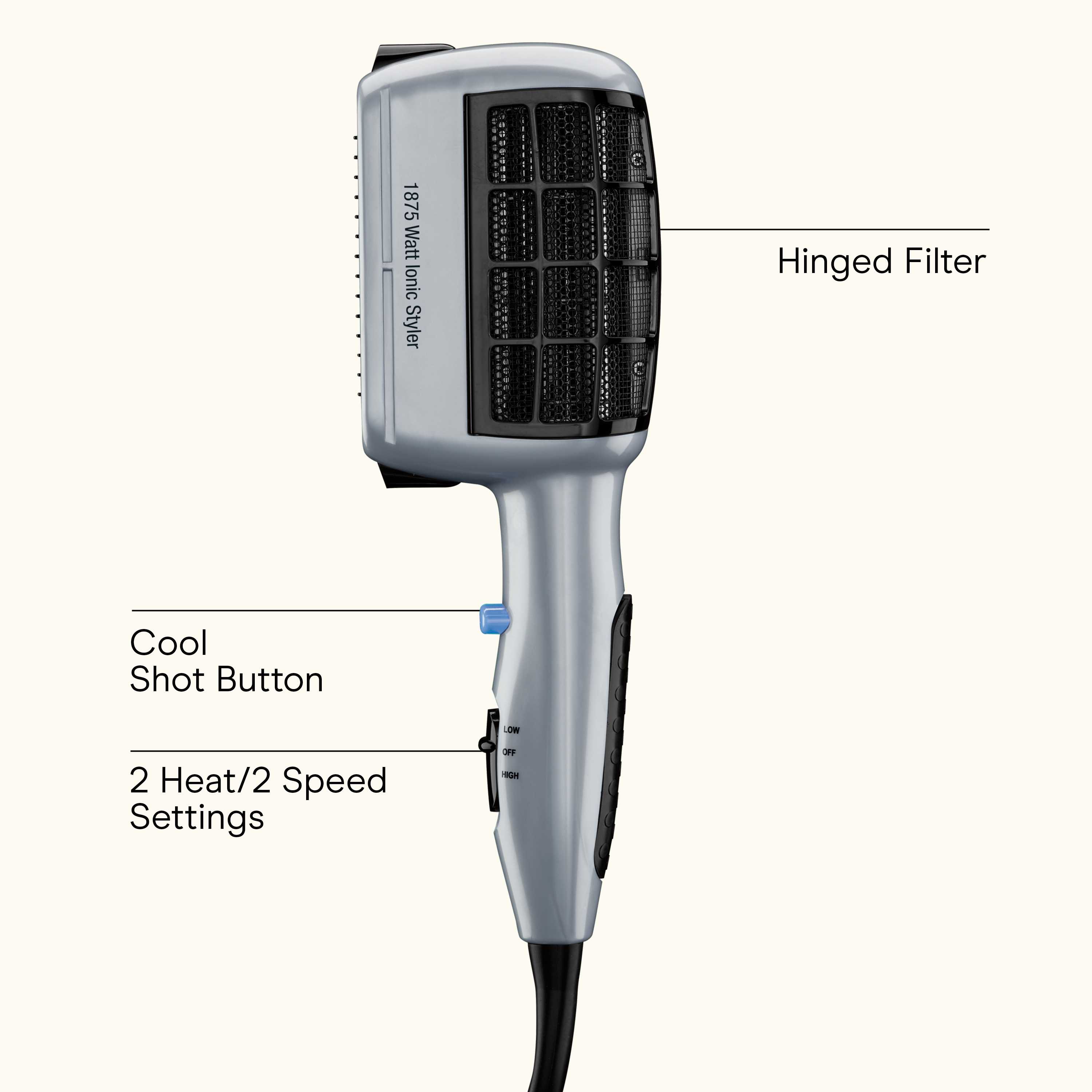 Conair 3-in-1 Styling Hair Dryer, 1875W with Ionic Technology, 3 Attachments