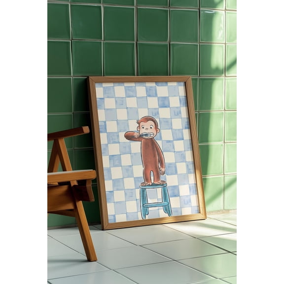 POSTIZ Curious George Poster, Bathroom Wall Decor, Cute Brushing Teeth Fine Art Print, Blue Checkerboard, Nursery Aesthetic Fan Gift, Poster Canvas, Unframed Canvas 16x24in