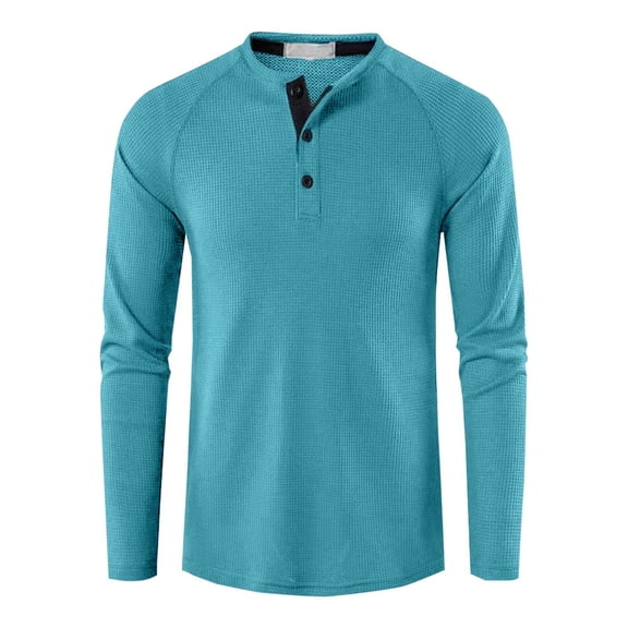 YLSDY Men's Waffle Knit Long Sleeve T-Shirt Henley Button Up Top Thermal Shirts Blue XL
