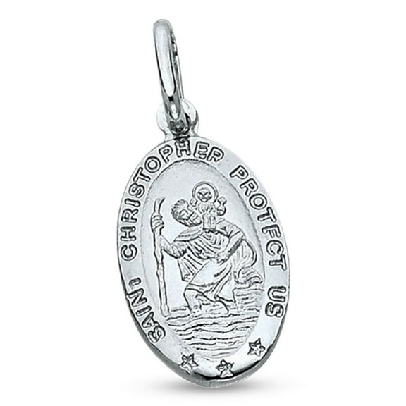 St Christopher Oval Pendant Solid 14k White Gold Genuine Religious Polished Christian Charm Protection Catholic 18 mm x 13 mm