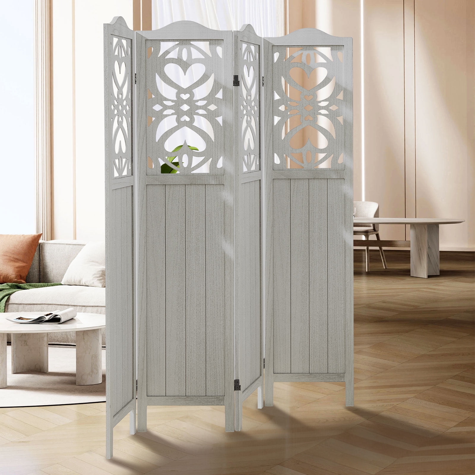 Aletheiawu 4 Panel Wood Room Dividers and Folding Screens, No Installation Required, Rustic White