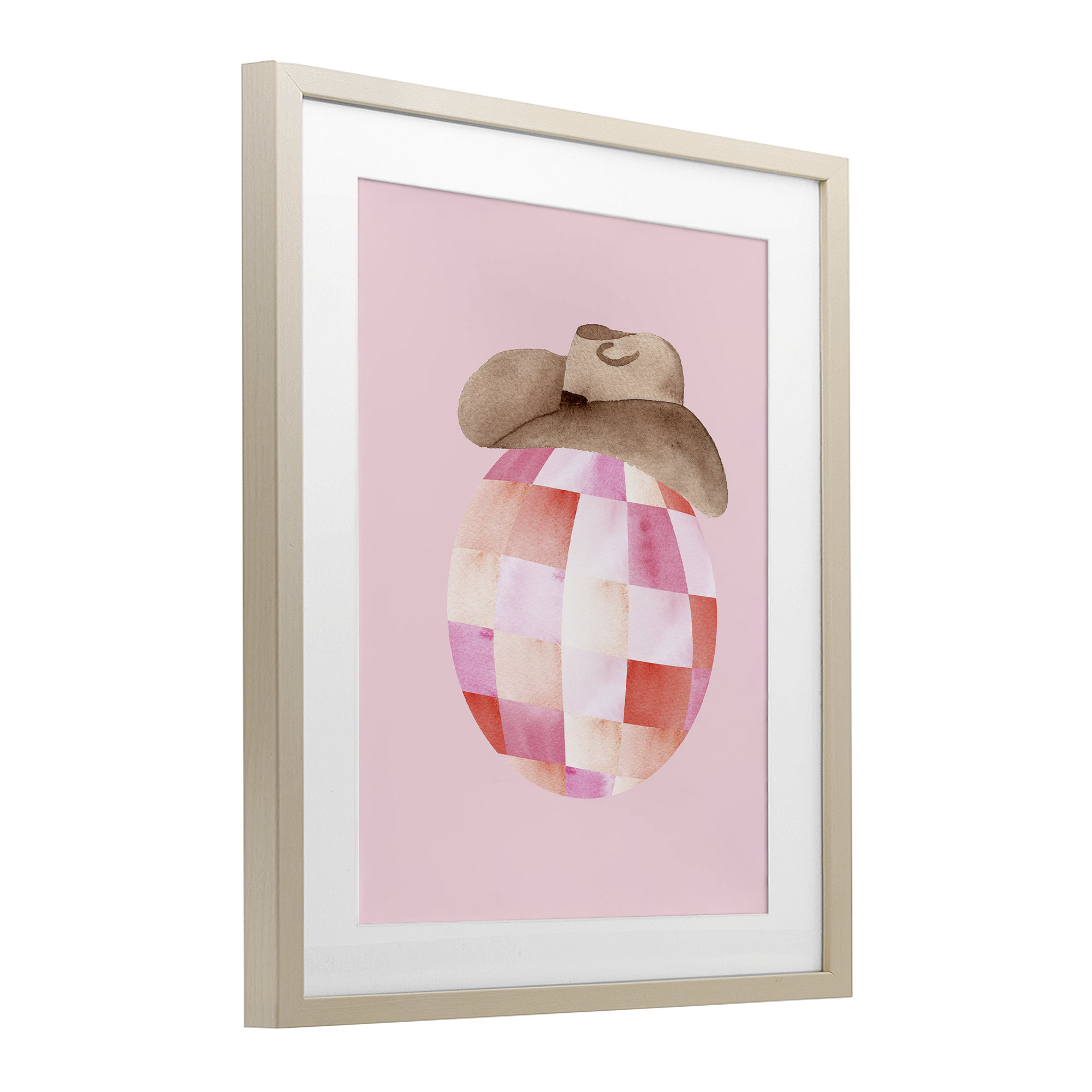Rosy Disco Cowgirl Hat Birch Framed Print Under Glass, design by Nina Jacobs