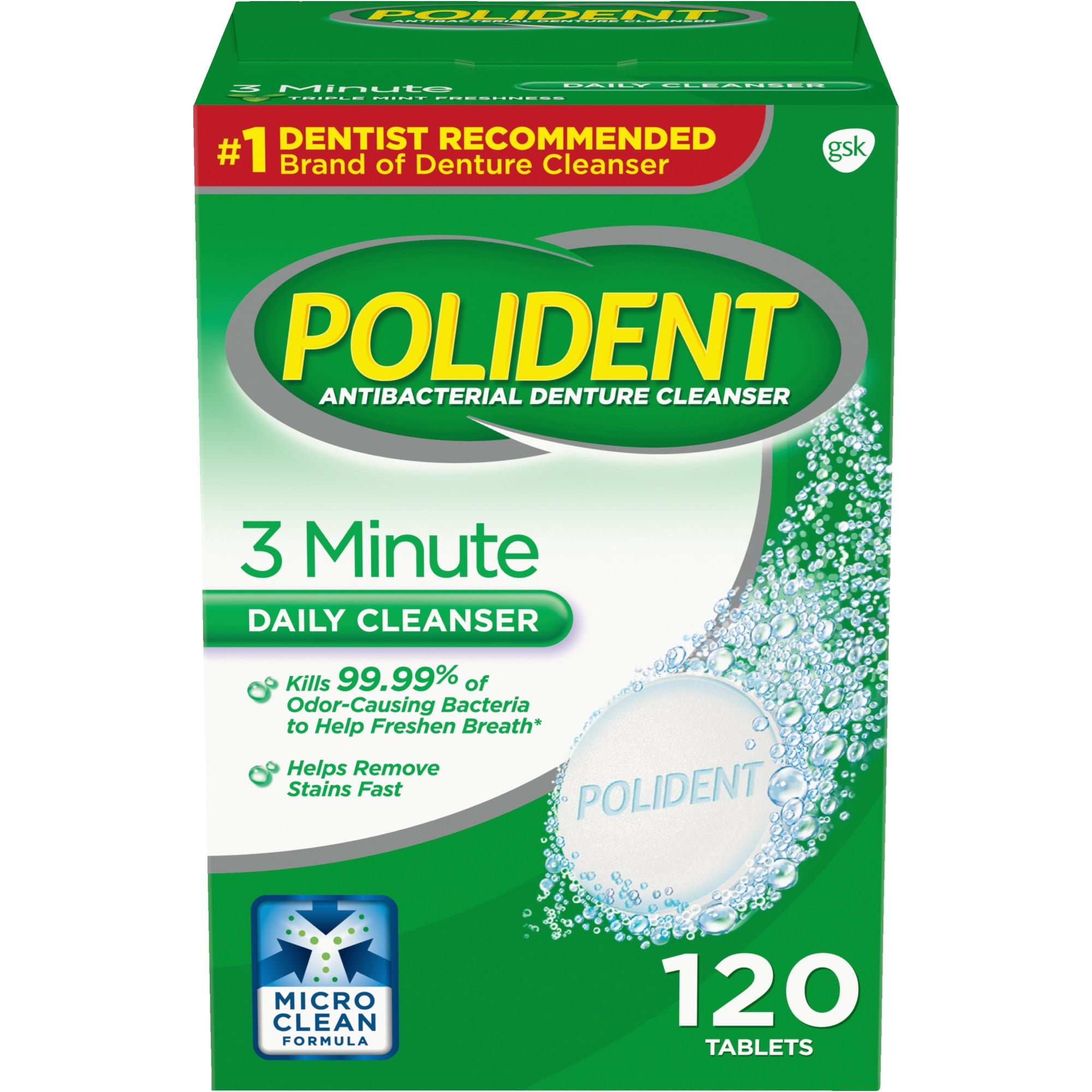 Polident 3 Minute Antibacterial Denture Cleanser Tablets, Triple Mint