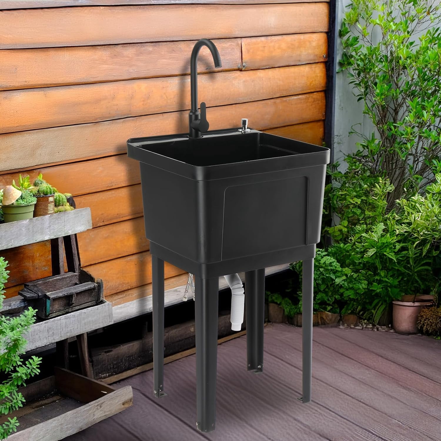 Ktaxon 13 Gallon Plastic Utility Sink with Hot/Cold Faucet, 33" Freestanding Laundry Tub with Iron Legs, Soap Dispenser and Pop-up Button for Bathroom, Laundry Room, Garage, Black