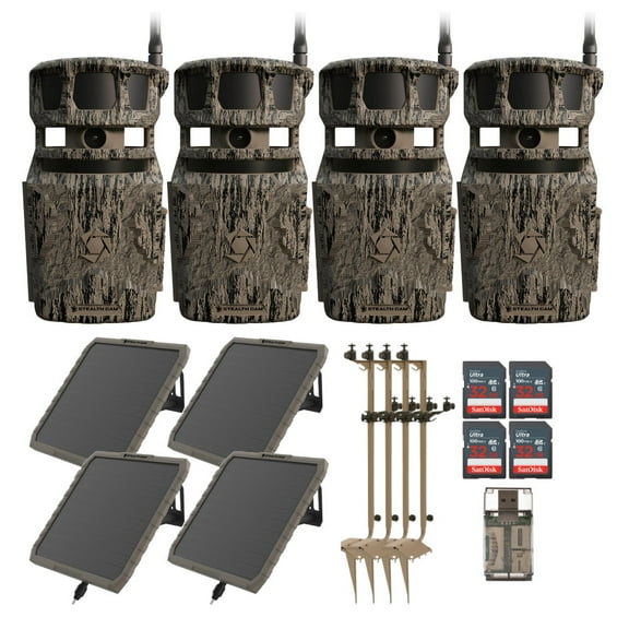 Stealth Cam Revolver 40MP Pro 360-Degree Cellular Trail Camera (4-Pack) Bundle with Mounting Post (4-Pack), Solar Battery Pack (4-Pack), 32GB Memory Card (4-Pack), and SD Card Reader (17 Items)